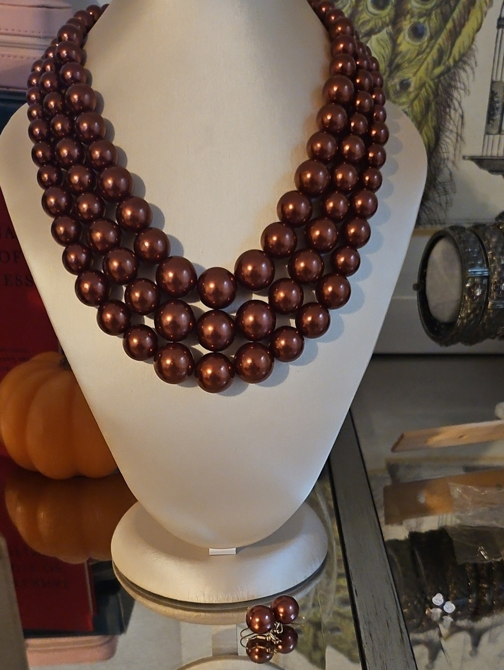Classic Multi-Strand Copper Pearl Necklace and Earrings Set